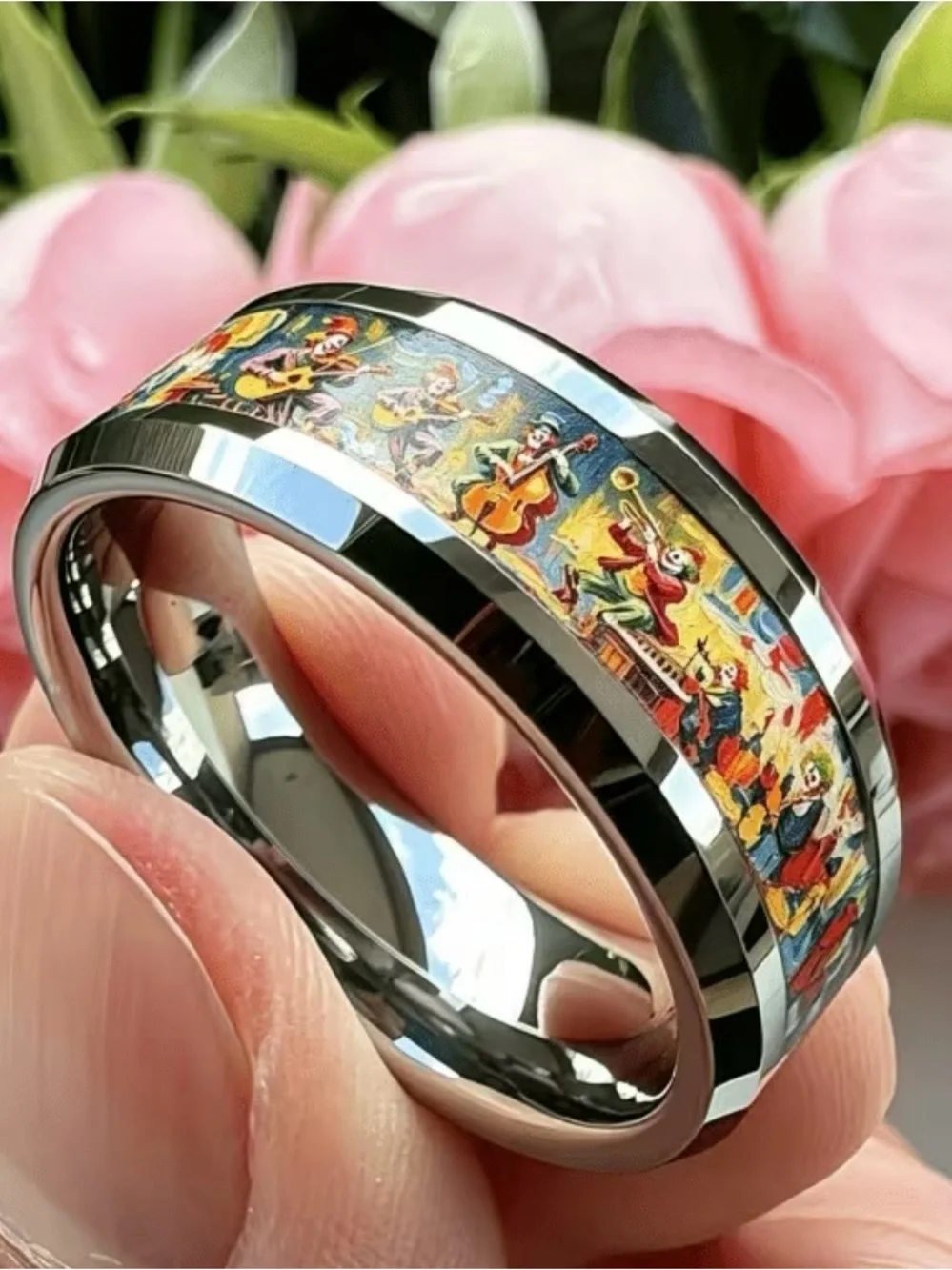Vintage Oil Painting Style  Stainless Steel Silver Clown Band Theme 8mm Band 11